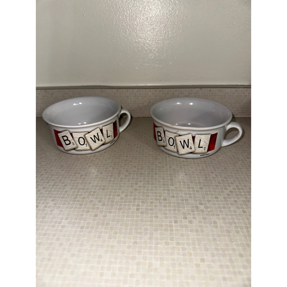 Hasbro Scrabble Letters Ceramic Soup Bowl Cup Mug 2005 Set of 2